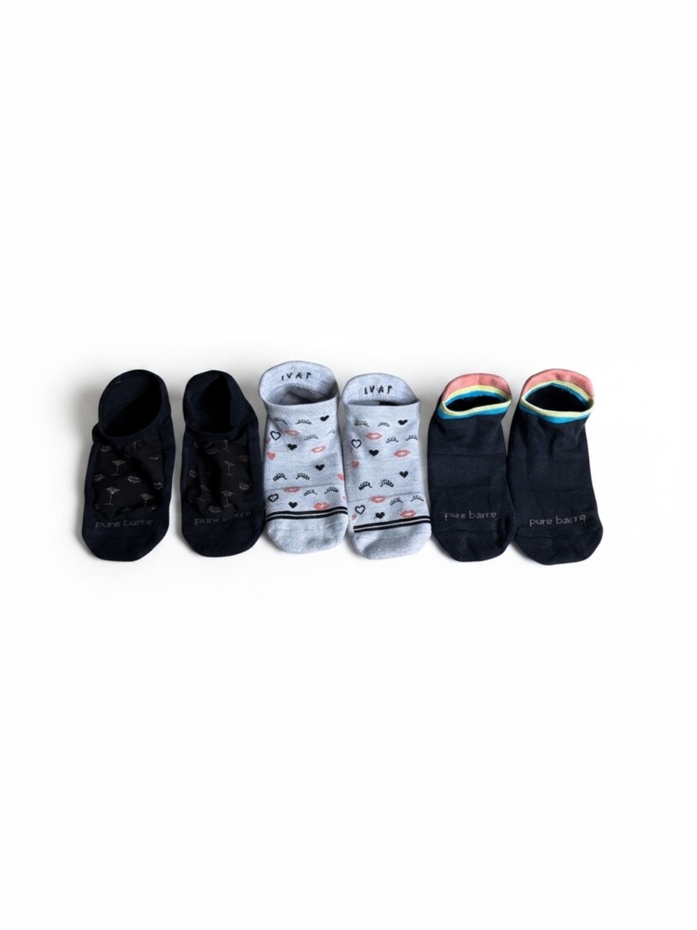 Pure Barre Men's No-Show Sock 3-Pack in Black and Light Gray with Accent Trim